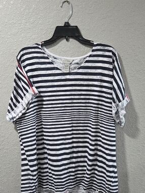 Navy Blue, White & Red Trim Striped Short Sleeve Tee